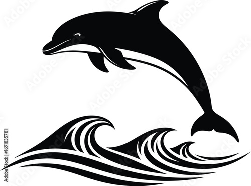 A black and vector illustration of a dolphin jumping out of water, showcasing its beauty and grace