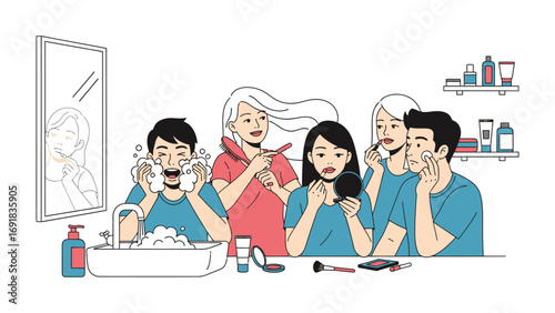 Diverse group of young adults applying makeup and grooming in a bright modern bathroom with shelves full of beauty products and a large mirror
