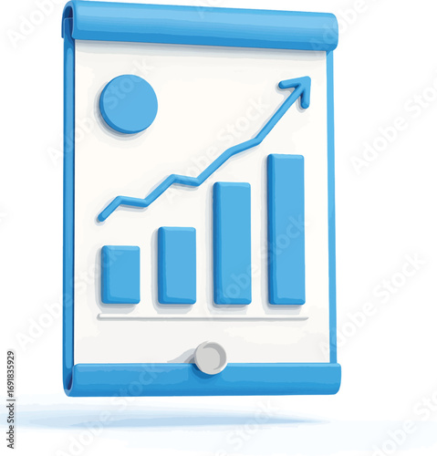 Stylized 3D icon of a presentation board showing a financial report with a bar graph and rising arrow indicating business success and market growth