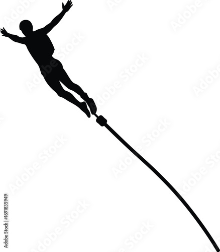 A black and vector illustration of a bungee jumper in midair, capturing thrill and excitement of sport
