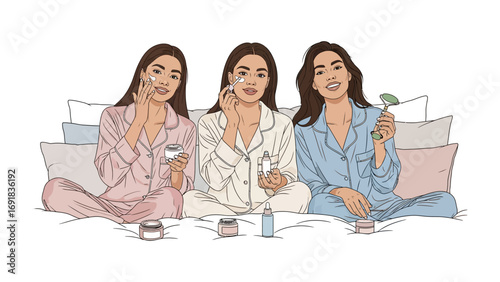 Three young women in pajamas applying facial skincare products during a cozy at home beauty routine with pillows and jars of cream