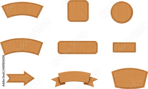 Wooden signs and plaques, different shapes and styles, blank wood labels, rustic wooden boards, wooden signboards, natural wood textures