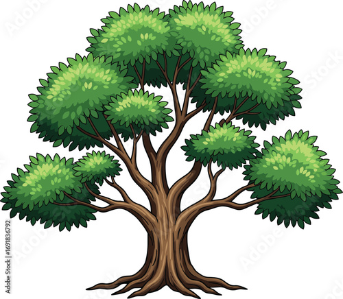 Cartoon green tree illustration, leafy forest tree with thick trunk, natural landscape element, botanical artwork, vector nature plant design