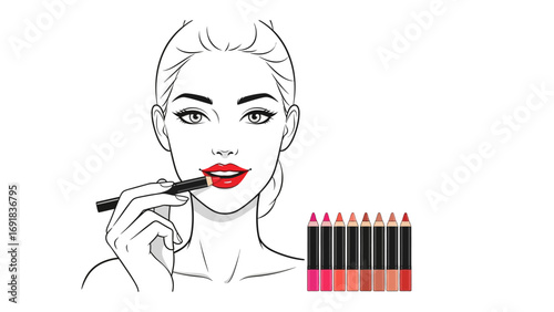 Beautiful woman applying vibrant red lipstick with a brush while several colorful lip pencils stand nearby on a white background illustration