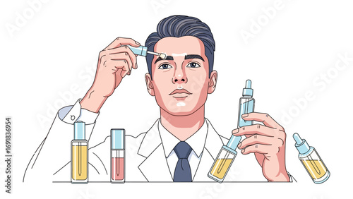Male scientist in lab coat applying serum to face with dropper surrounded by cosmetic bottles for skincare and beauty research