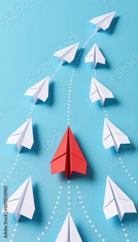 Stand Out From The Crowd Red Paper Airplane Leads The Way