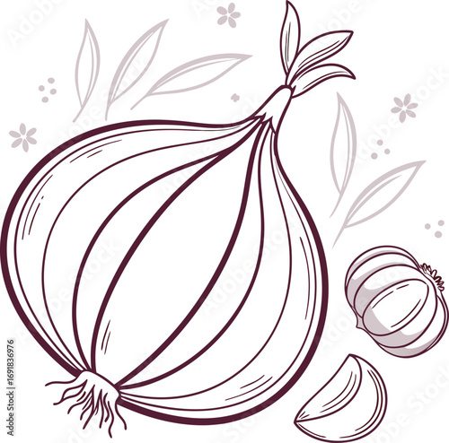 Elegant thin line onion with garlic pattern inside, pastel color highlights.