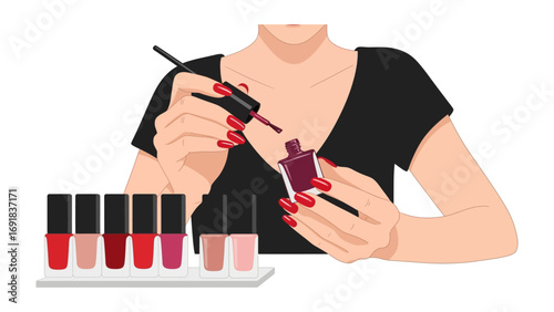 Close up of a woman with vibrant red painted fingernails applying dark red nail polish from a bottle with a brush