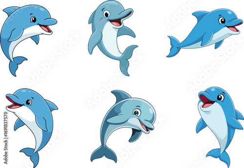 Cute cartoon dolphin illustration, happy marine animal clipart, smiling blue dolphins vector, playful sea creature art, ocean wildlife design