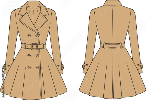 Stylish women's trench coat fashion flat sketch, elegant double-breasted belted coat design, outerwear template for fashion designers