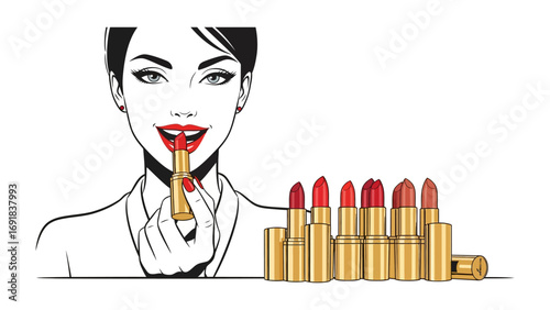 Stylish woman applying vibrant red lipstick with a collection of assorted lipsticks in gold tubes displayed in a row on a white background
