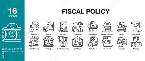 Fiscal Policy icon set. Includes policy, fiscal, finance, money, financial, and More. Editable Stroke Icon Collection.