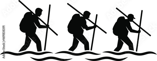Three hikers with backpacks and trekking poles wade through water, in a simple black and white vector design