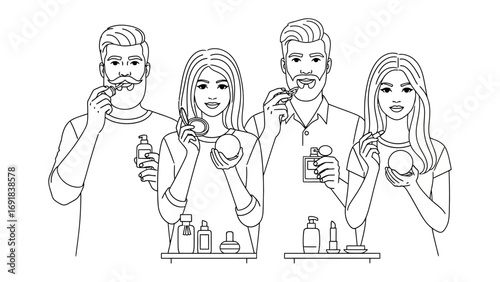 A diverse group of four people two men and two women are depicted in a line drawing style each holding and appearing to enjoy a small food item