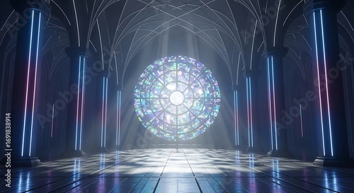 Illuminated neo gothic hall with stained glass and glowing columns