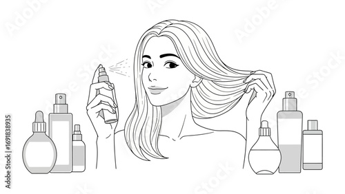 Close up sketch of a woman with long flowing hair applying skincare serum from a spray bottle surrounded by various cosmetic bottles and containers