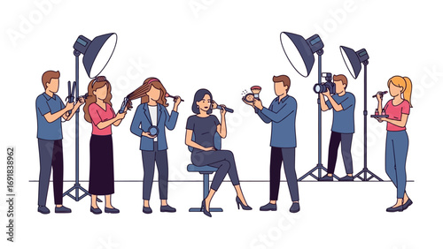Professional photography studio setup with diverse team capturing a seated model during a creative photoshoot session with studio lighting and equipment