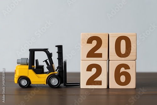 Yellow Toy Forklift Moving Wooden Blocks: 2026 New Year Concept