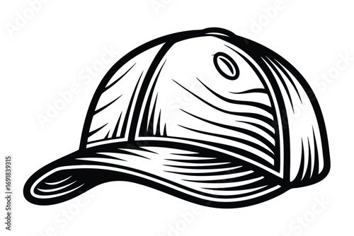 A monochromatic baseball cap shows curving lines and an appealing circular emblem on the side