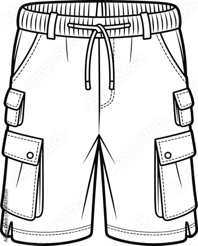 Black and white line drawing of cargo shorts with multiple pockets and drawstring waist casual shorts