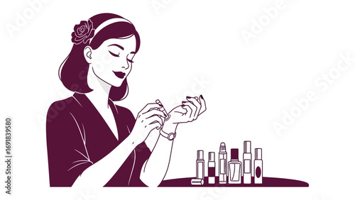 Elegant woman with dark hair and a headband applying makeup with a brush to her face in a stylish illustration with beauty products