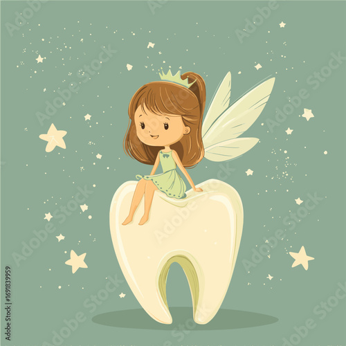 Tooth Fairy Sitting on Giant Tooth , vector style simple color