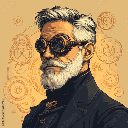 Steampunk Inventor with Goggles and Cogwheels , vector style simple color