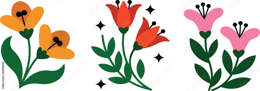 Obraz premium Three flower arrangements in orange red and pink on white background