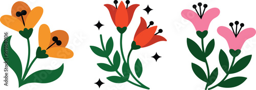 Three flower arrangements in orange red and pink on white background