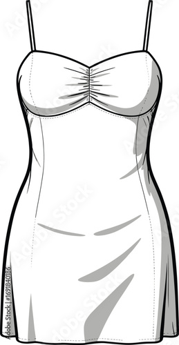Fashion illustration of a camisole dress with spaghetti straps and ruched bust detail drawing