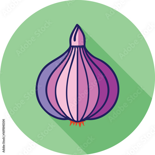 Modern line icon onion bulb with garlic outline shadow, flat colorful style.