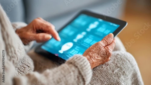 Elderly woman using digital tablet with health app showing medical data