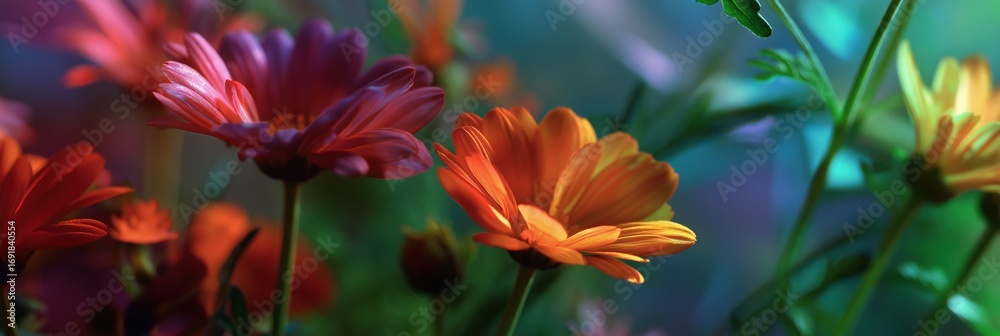 Naklejka premium Vibrant orange and purple flowers in lush garden setting