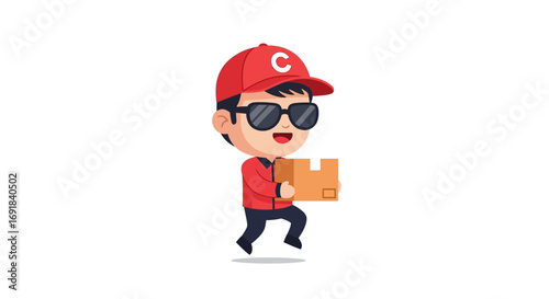 Cartoon Delivery Person Carrying Package, Wearing Red Uniform
