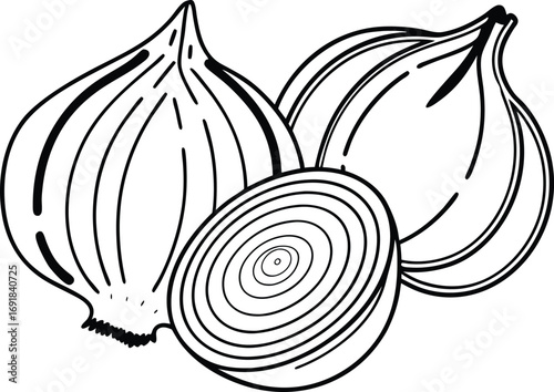 Minimal line art onion and garlic icon combined in flat colourful style, top view