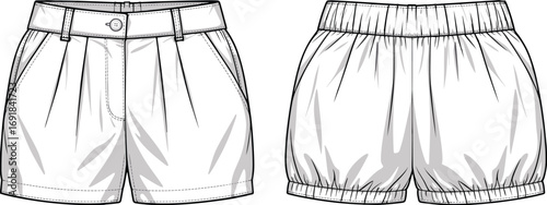 Fashion illustration of front and back views of pleated shorts with pockets and button drawing sketch