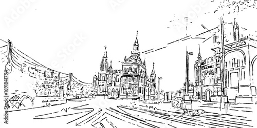 Architectural sketch of the Church of the Holy Sepulchre, an old medieval city landmark