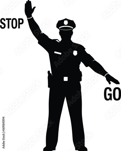 Silhouette of a police officer directing traffic with stop and go signs, conveying authority and control