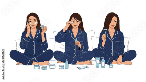 Three young women in dark blue pajamas applying skincare products to their faces while sitting on the floor with various beauty items