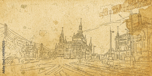 Vintage drawing of an old European town with a medieval castle on a textured paper background resembling an ancient world map