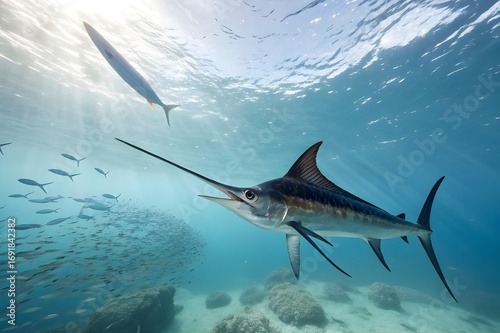 Swordfish swimming in the ocean with sun rays and other fish around it