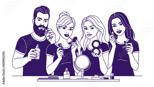 Diverse group of four friends applying makeup and grooming together in a fun and collaborative beauty routine session with products and mirror
