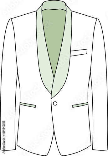Illustration of a white tuxedo jacket with a light green shawl collar and pocket suit formal wear