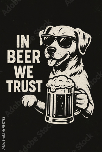 A cool, cartoon-style dog wearing sunglasses, holding a mug of beer.  Text states 