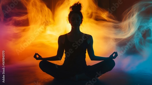 A serene figure meditates in a colorful haze. The silhouette represents peace and mindfulness. Vibrant colors evoke tranquility and harmony. Generative AI