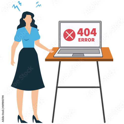 Anxious woman standing next to a table with a laptop displaying a 404 error message, isolated on white background concept of website problem and frustration