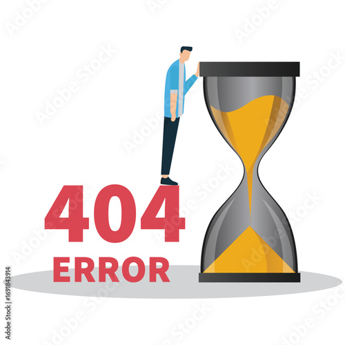 A man leaning on a giant hourglass with a 404 error message, symbolizing website downtime or a broken link, isolated on white background