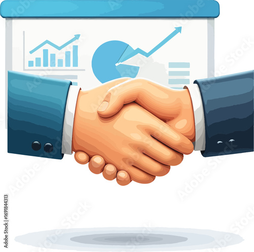 Business handshake with charts, representing successful agreement and collaboration