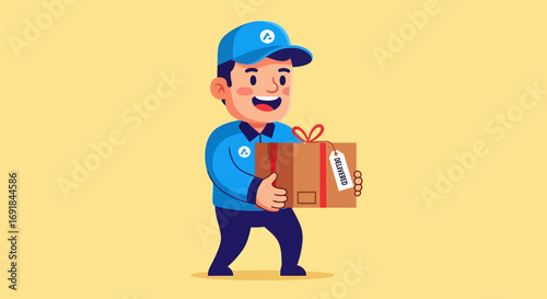 Cheerful Delivery Man Holding a Package with "Delivered" Tag