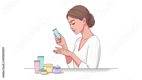 Young woman with brown hair wrapped in a towel examining a skincare product bottle with various cosmetics on a table